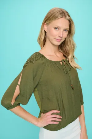 VNECK AIR FLOW SMOCKING SHOULDER TIE FRONT SHIRT