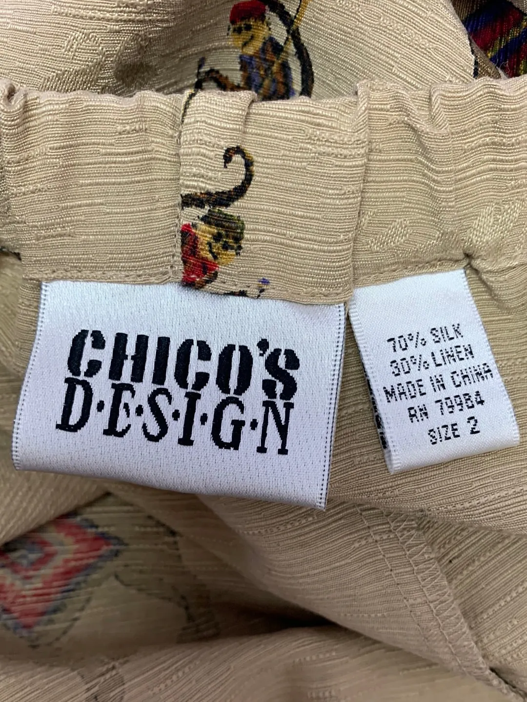 VTG - CHICO'S tan print Silk Linen Camel Pull On Crop Pants - 2 | US L