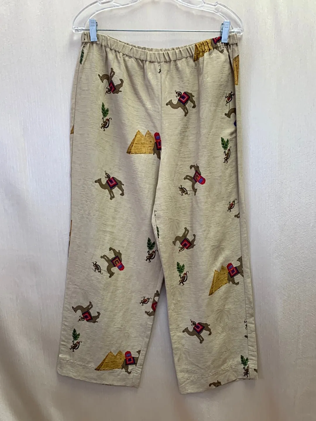 VTG - CHICO'S tan print Silk Linen Camel Pull On Crop Pants - 2 | US L