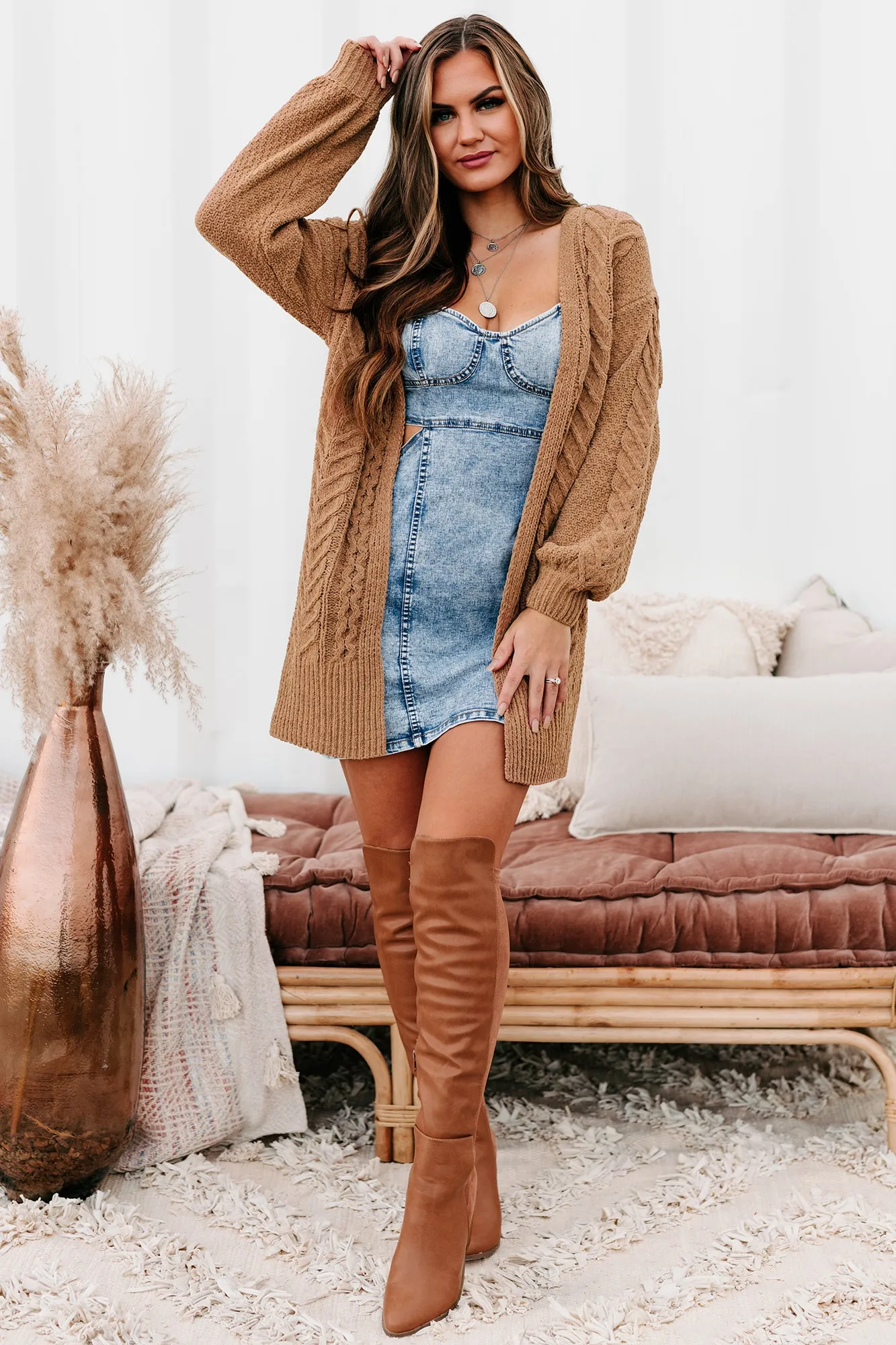 Warmest Occasion Chenille Cable Knit Cardigan (Camel)