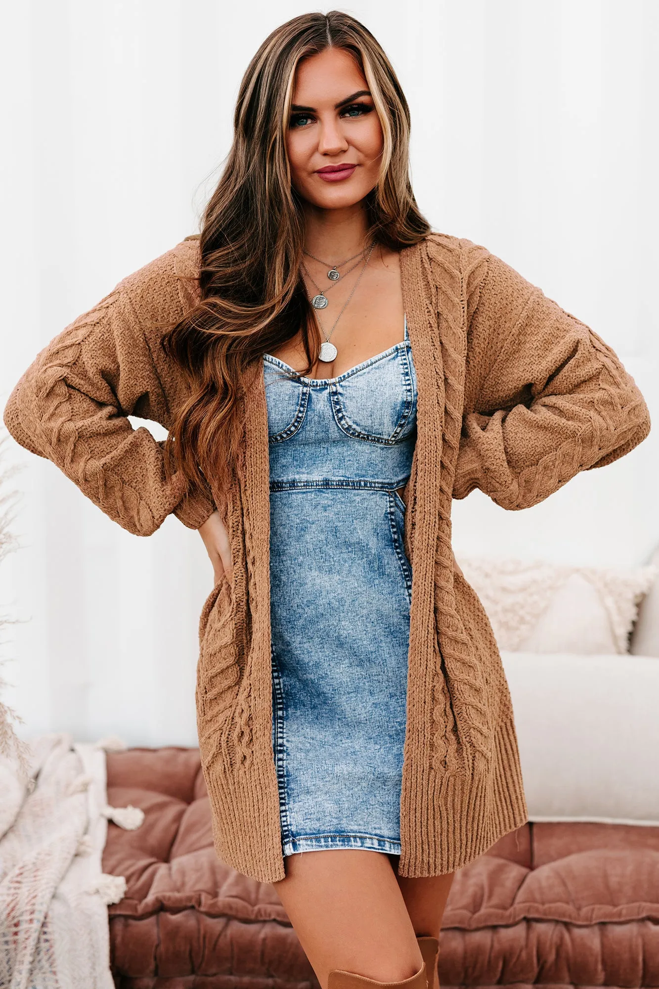 Warmest Occasion Chenille Cable Knit Cardigan (Camel)