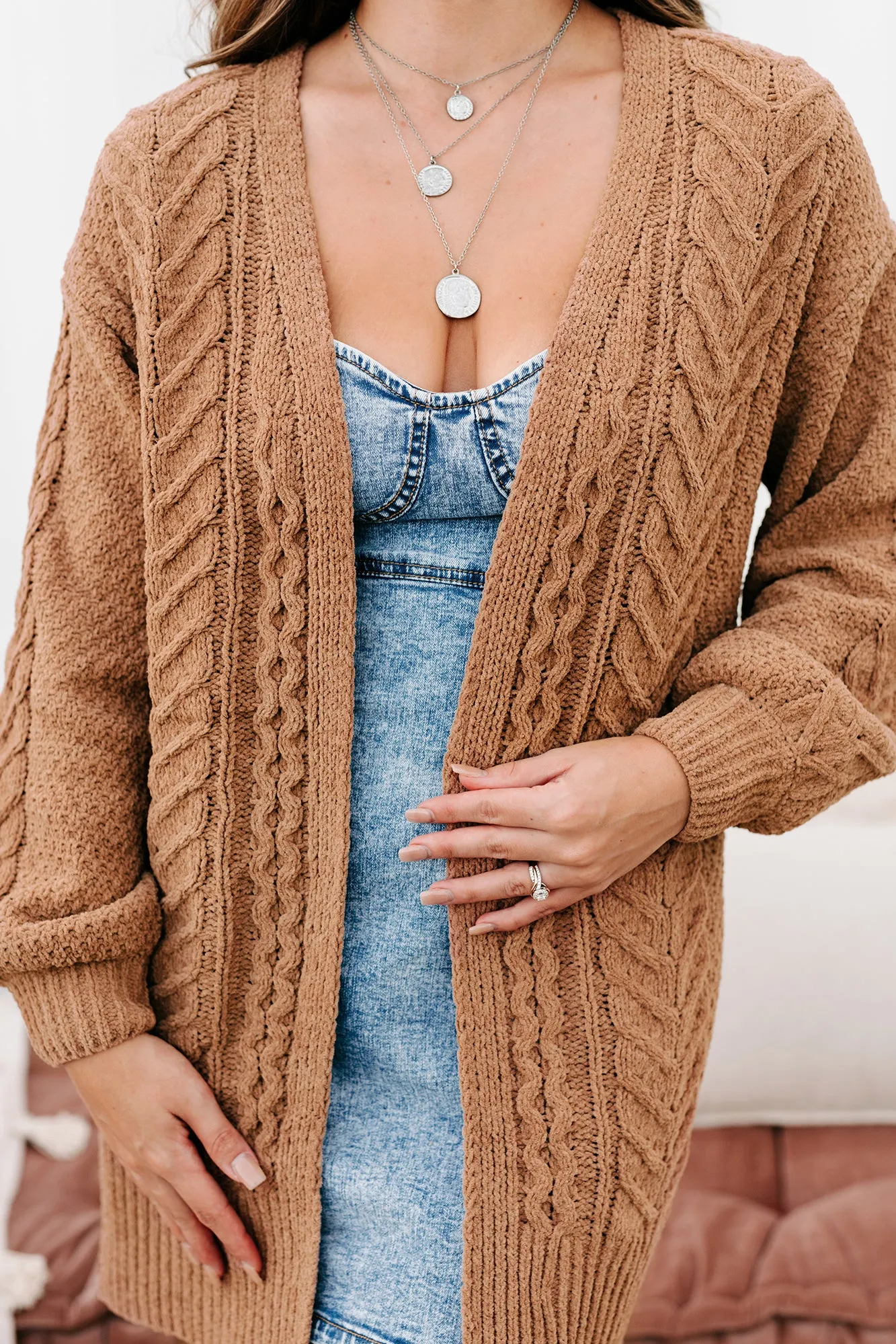 Warmest Occasion Chenille Cable Knit Cardigan (Camel)