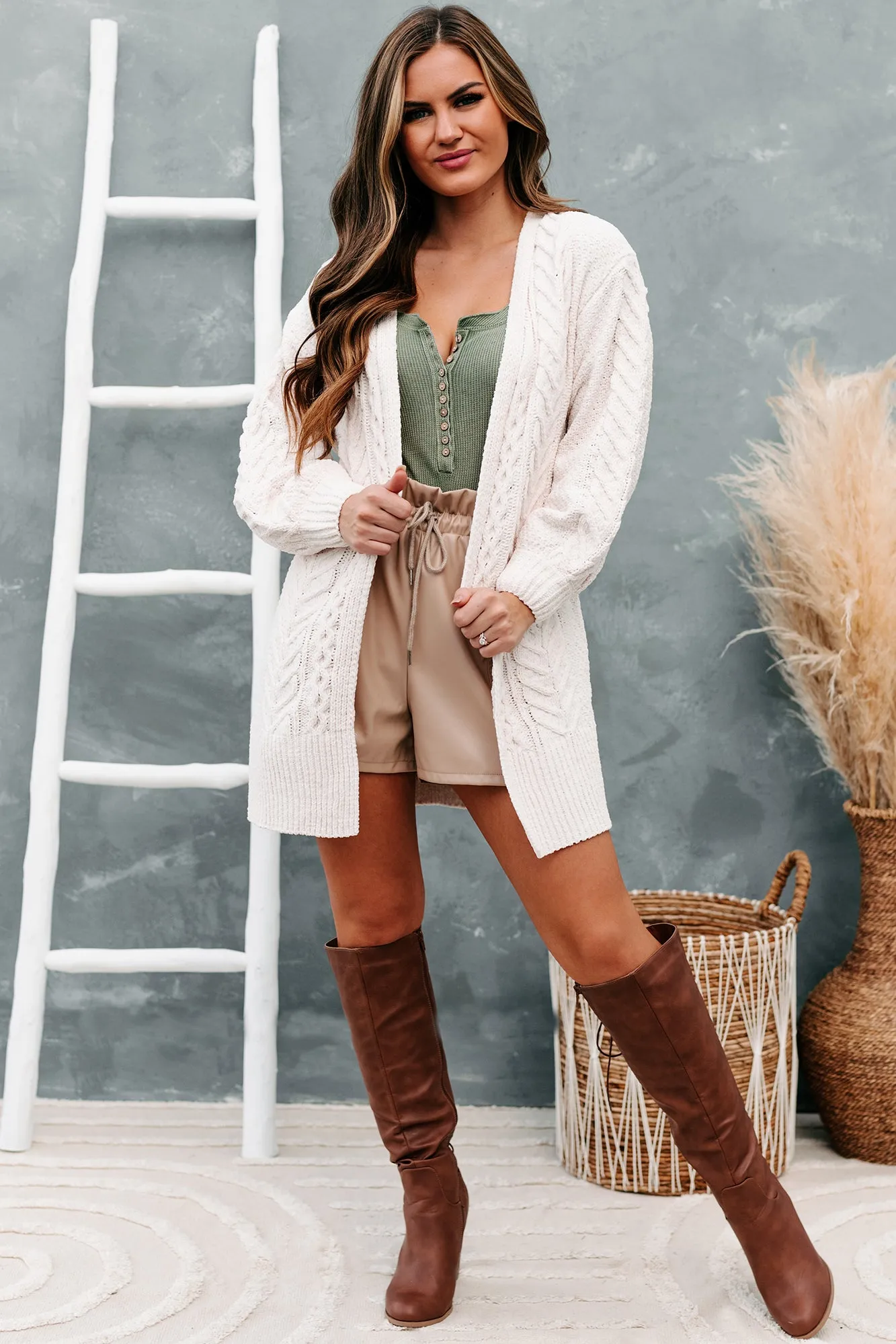 Warmest Occasion Chenille Cable Knit Cardigan (Ecru)