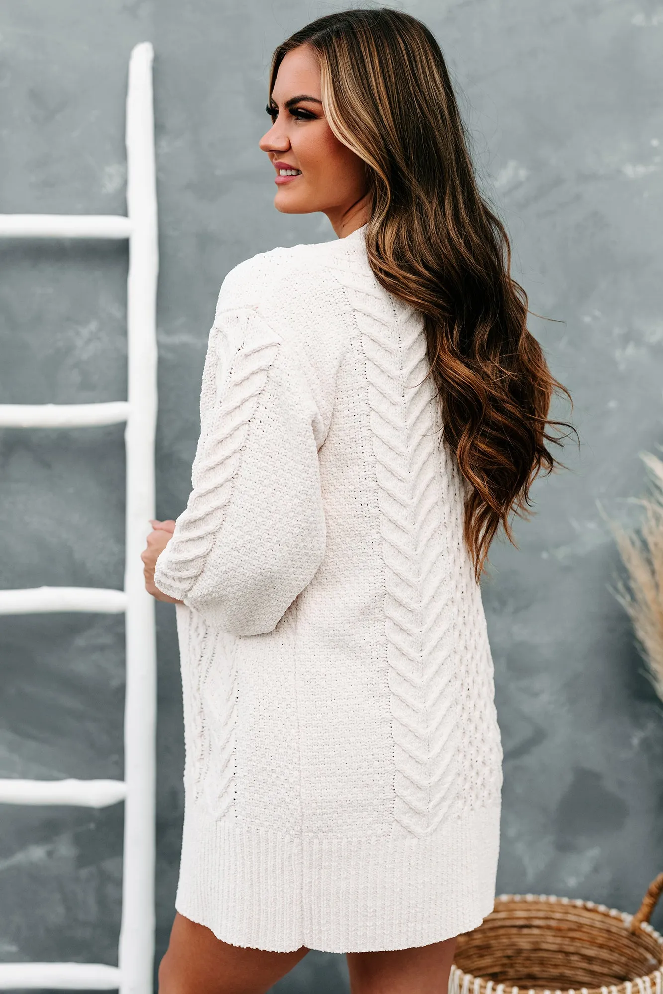 Warmest Occasion Chenille Cable Knit Cardigan (Ecru)
