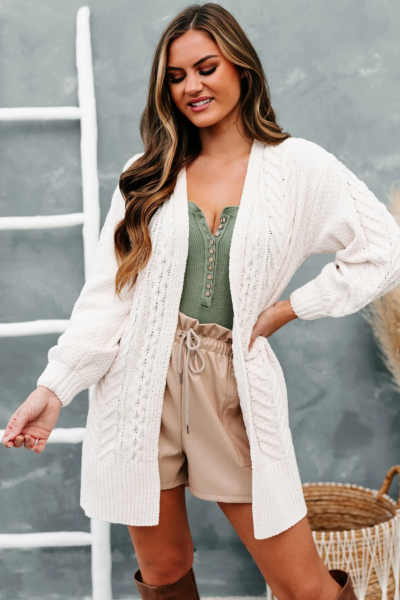 Warmest Occasion Chenille Cable Knit Cardigan (Ecru)
