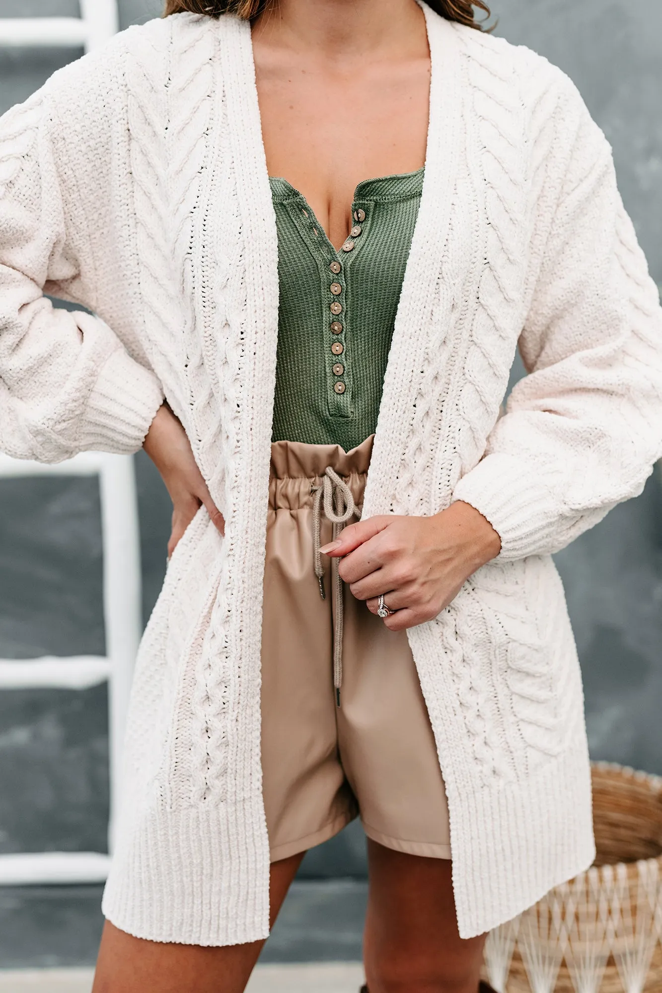 Warmest Occasion Chenille Cable Knit Cardigan (Ecru)