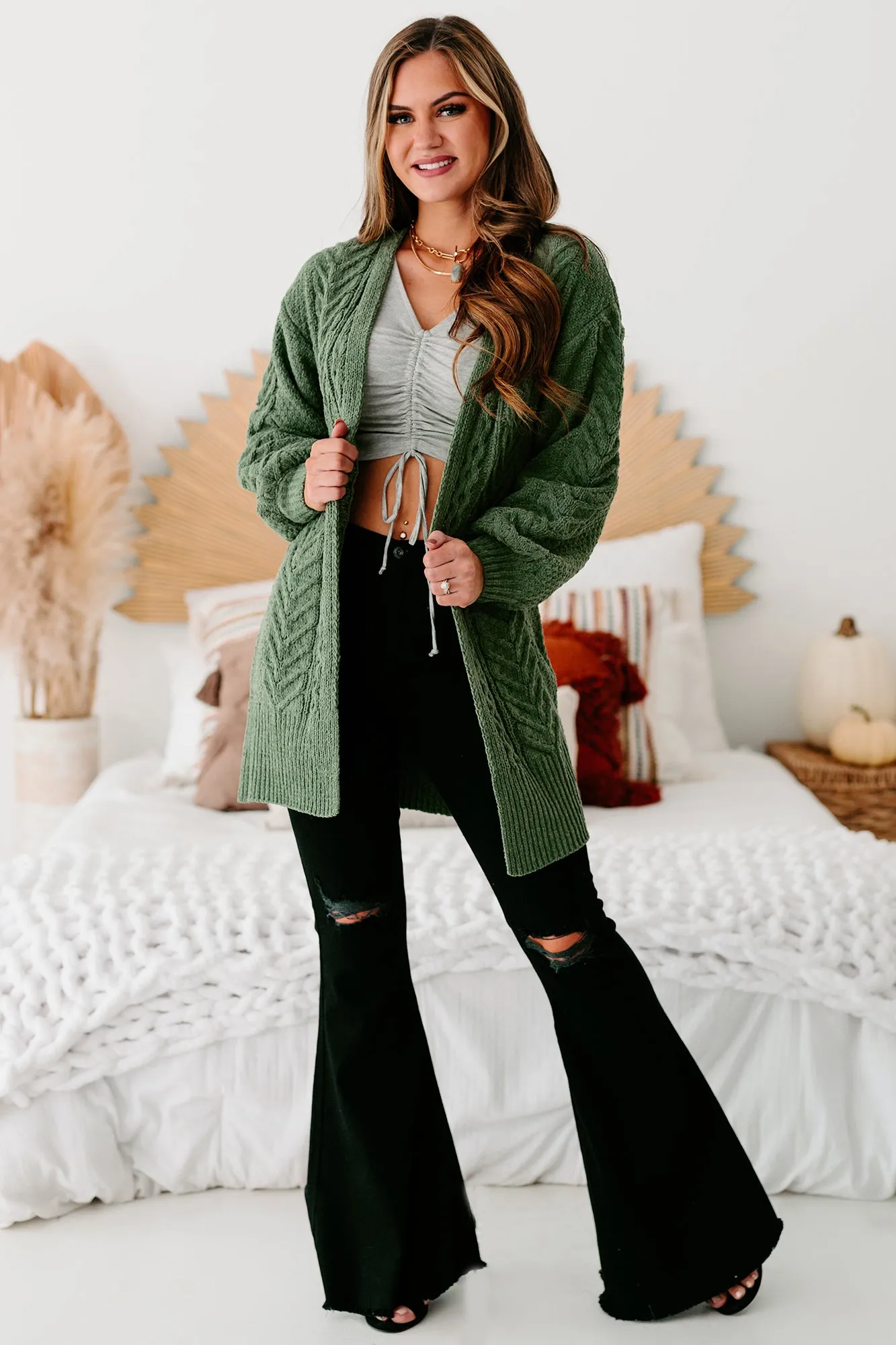 Warmest Occasion Chenille Cable Knit Cardigan (Olive)