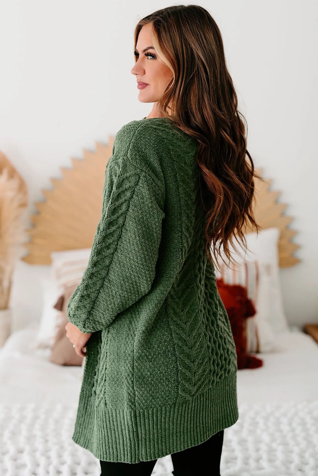 Warmest Occasion Chenille Cable Knit Cardigan (Olive)