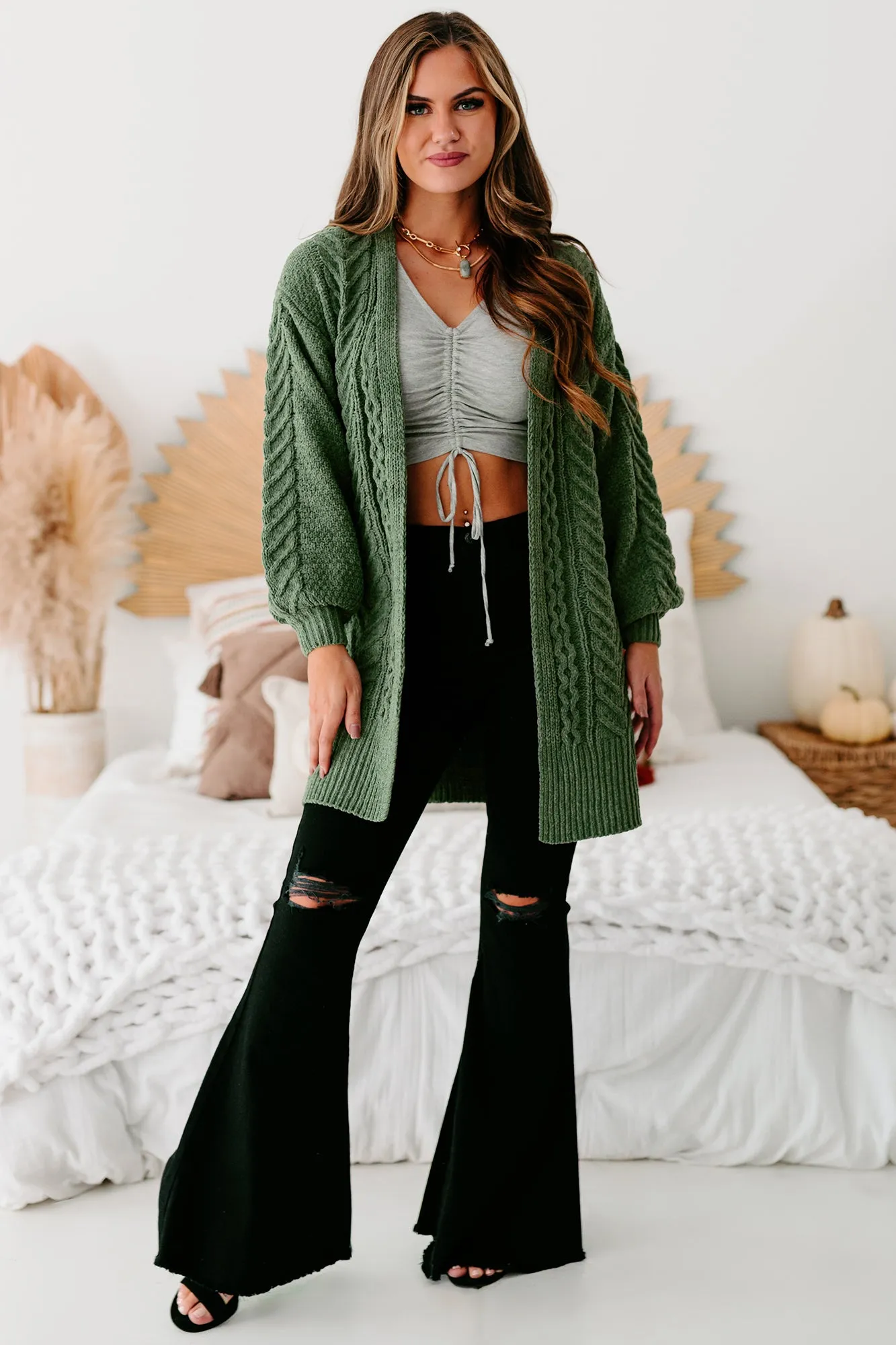 Warmest Occasion Chenille Cable Knit Cardigan (Olive)