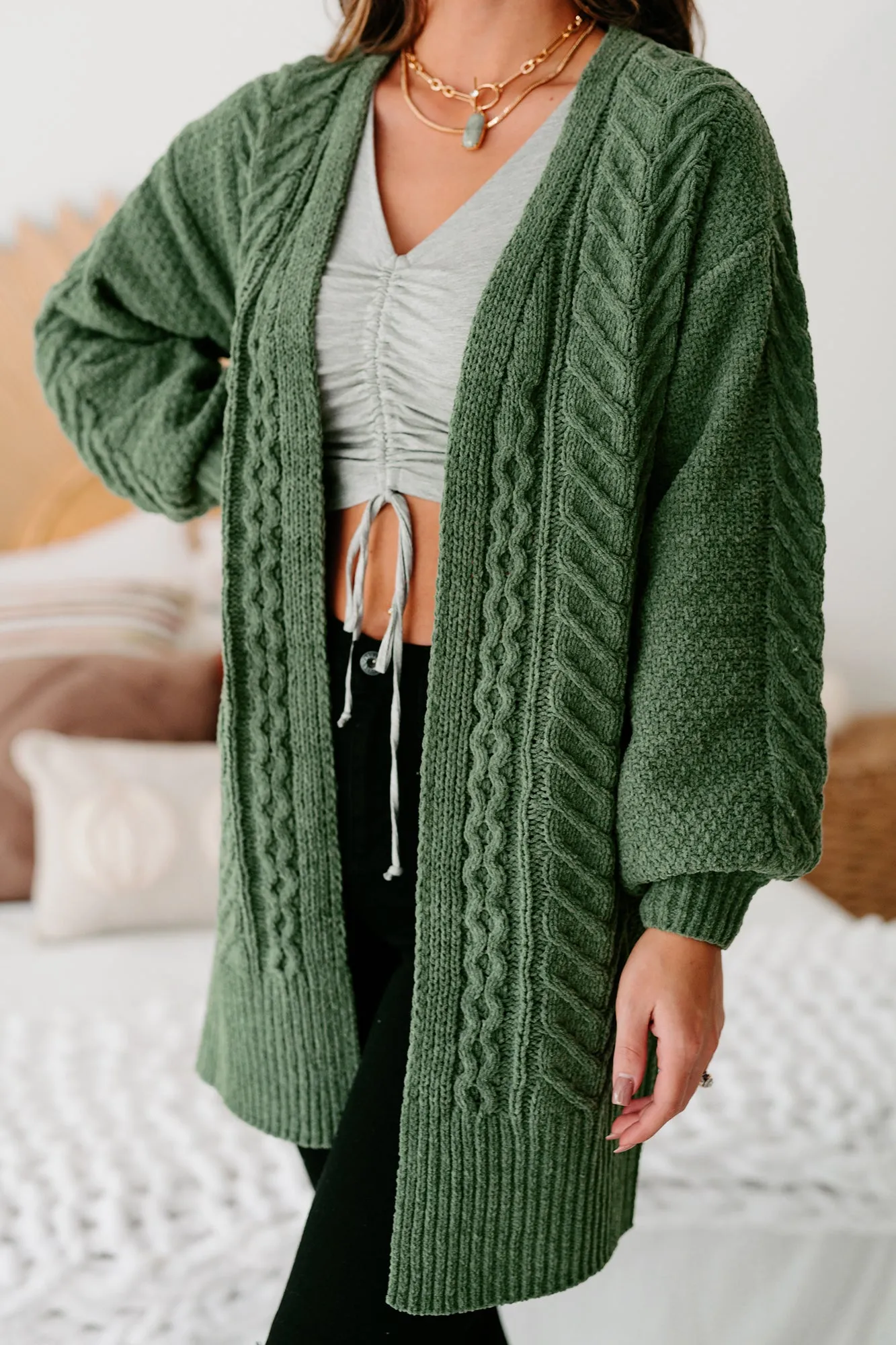 Warmest Occasion Chenille Cable Knit Cardigan (Olive)