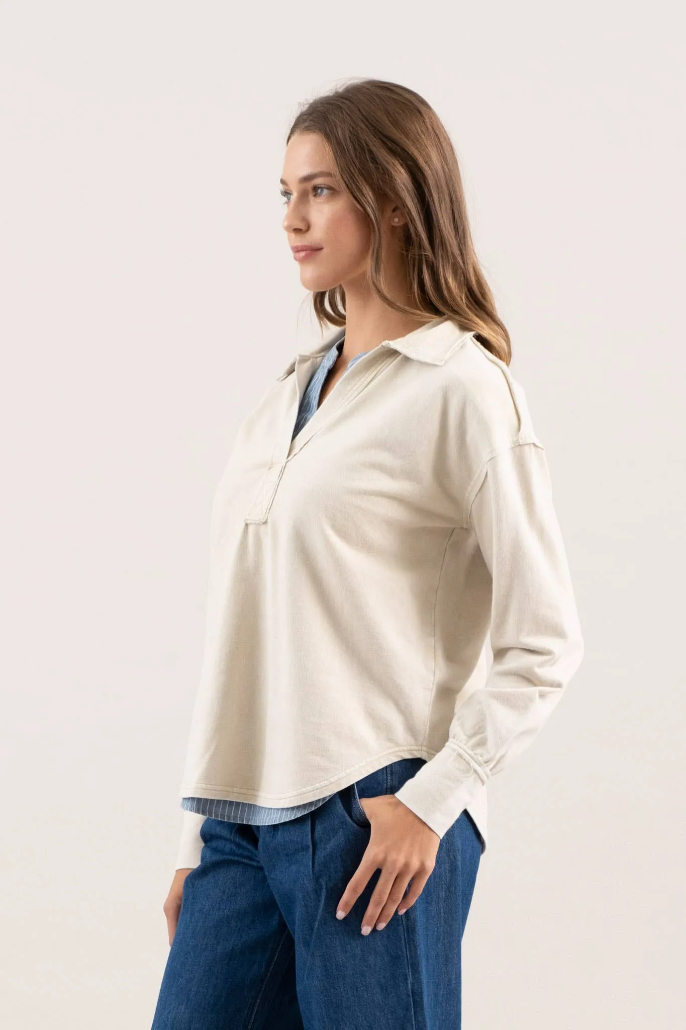 WASHED COLLARED LONG SLEEVE KNIT TOP