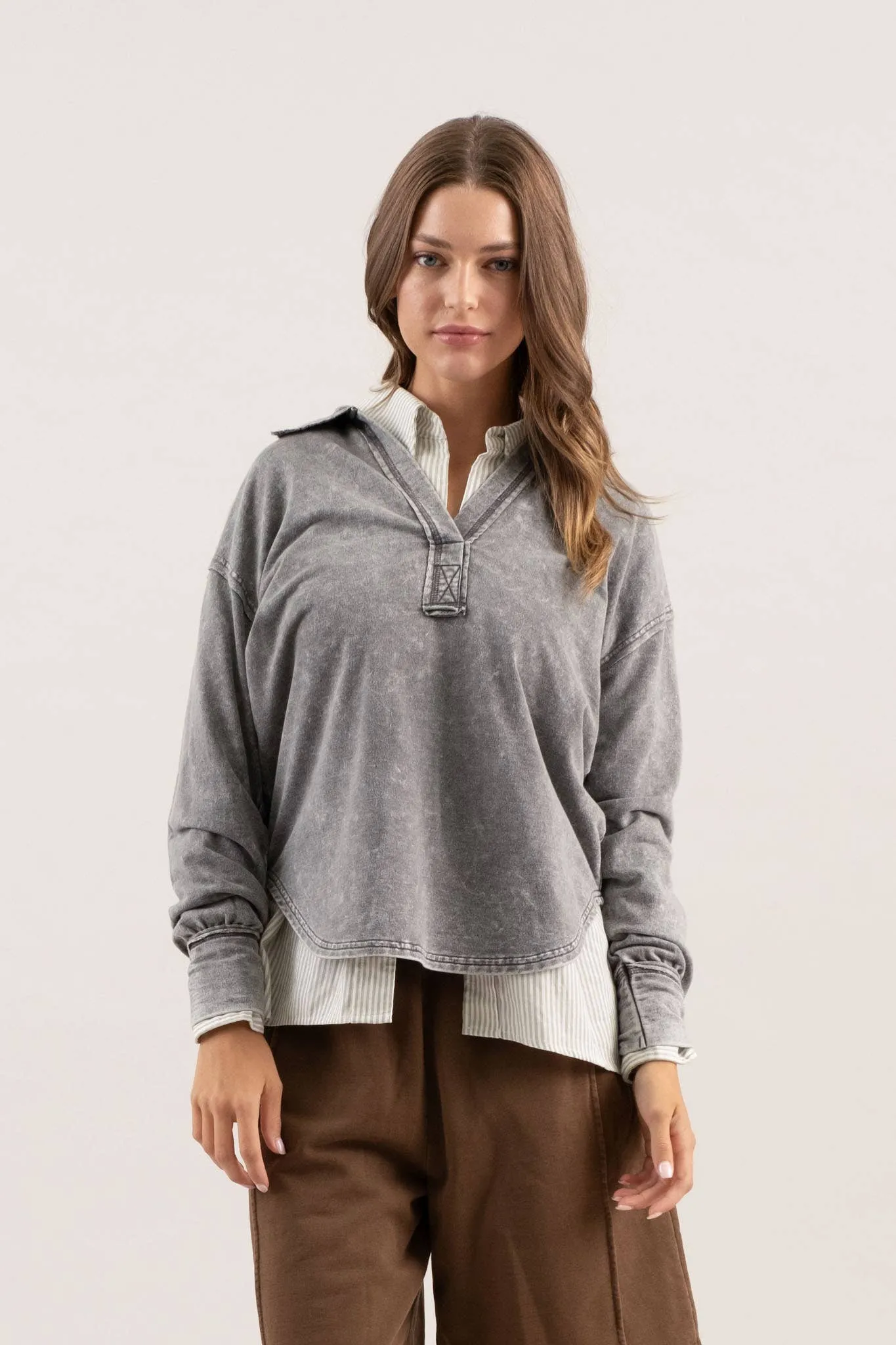 WASHED COLLARED LONG SLEEVE KNIT TOP