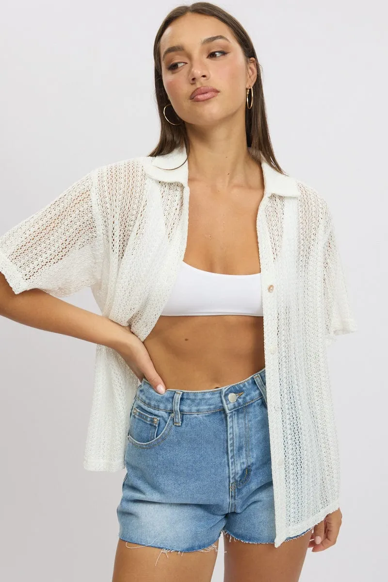 White Crochet Collar Cardigan Short Sleeve