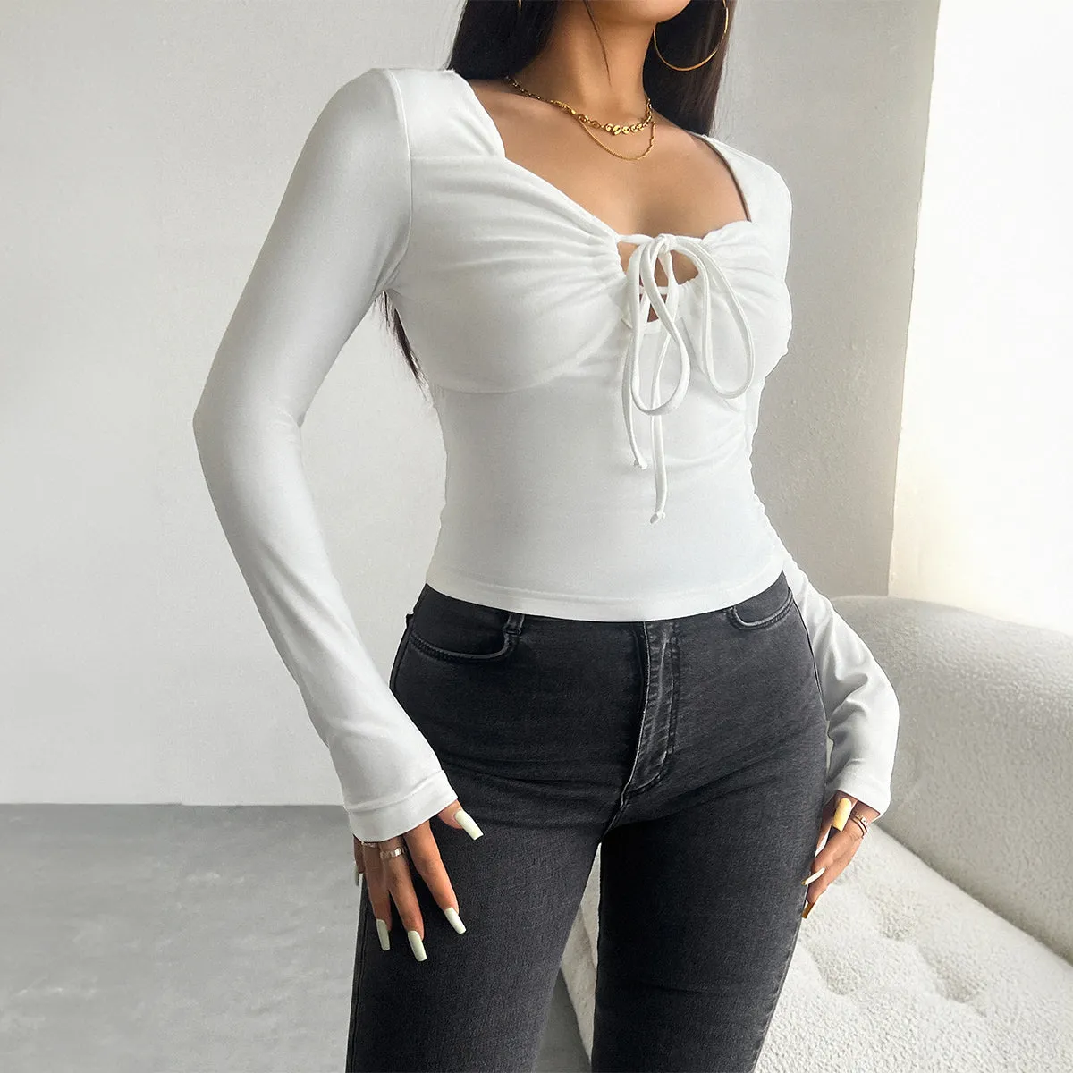 White Front Tie Up Knit Top