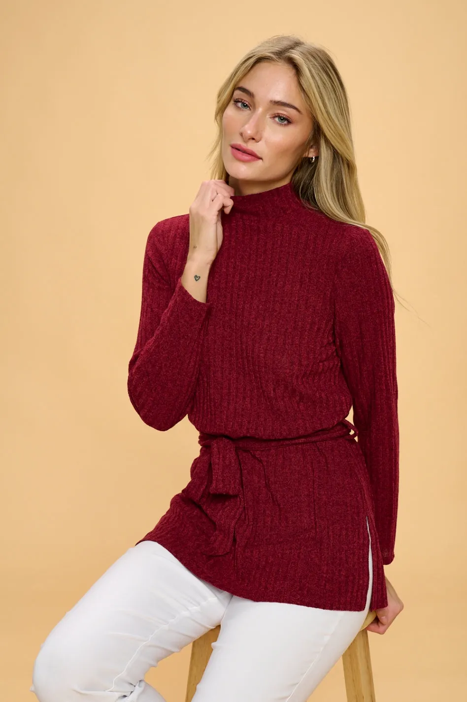 WIDE BAND SIDE TIE WRAP KNIT SWEATERS
