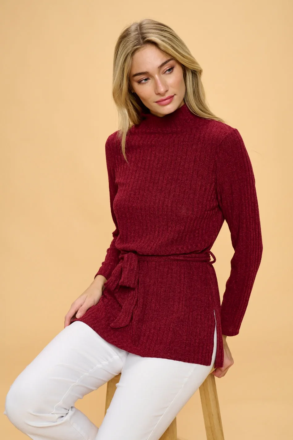 WIDE BAND SIDE TIE WRAP KNIT SWEATERS