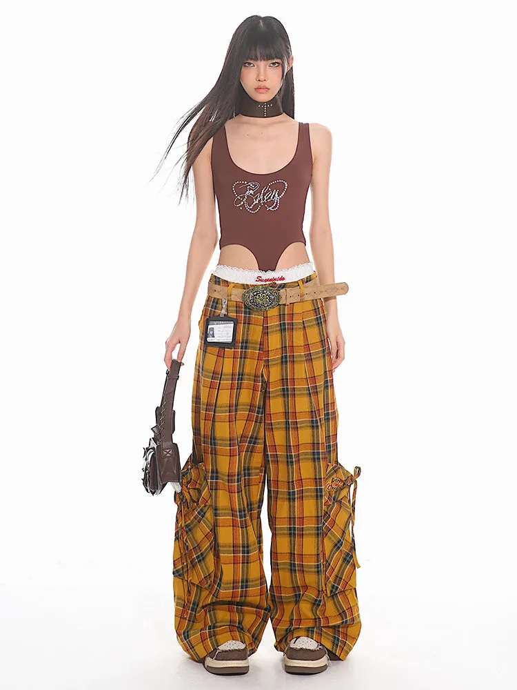 Wide Leg Plaid Cargo Pants
