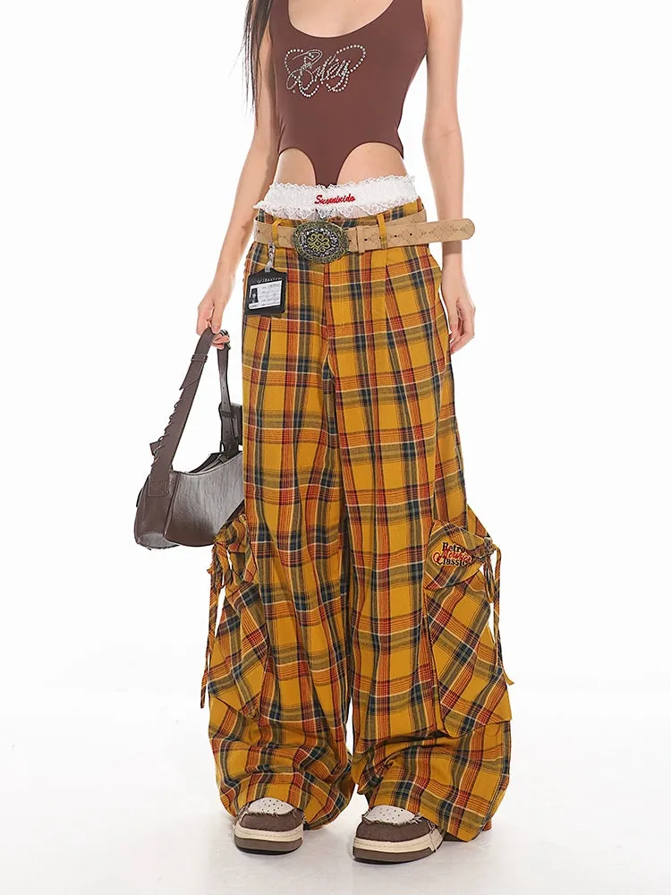 Wide Leg Plaid Cargo Pants