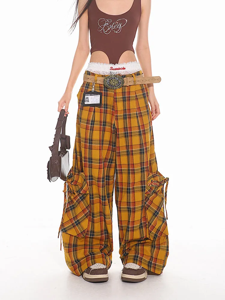 Wide Leg Plaid Cargo Pants