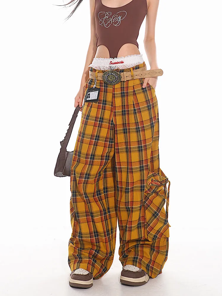 Wide Leg Plaid Cargo Pants