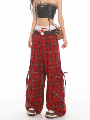 Wide Leg Plaid Cargo Pants