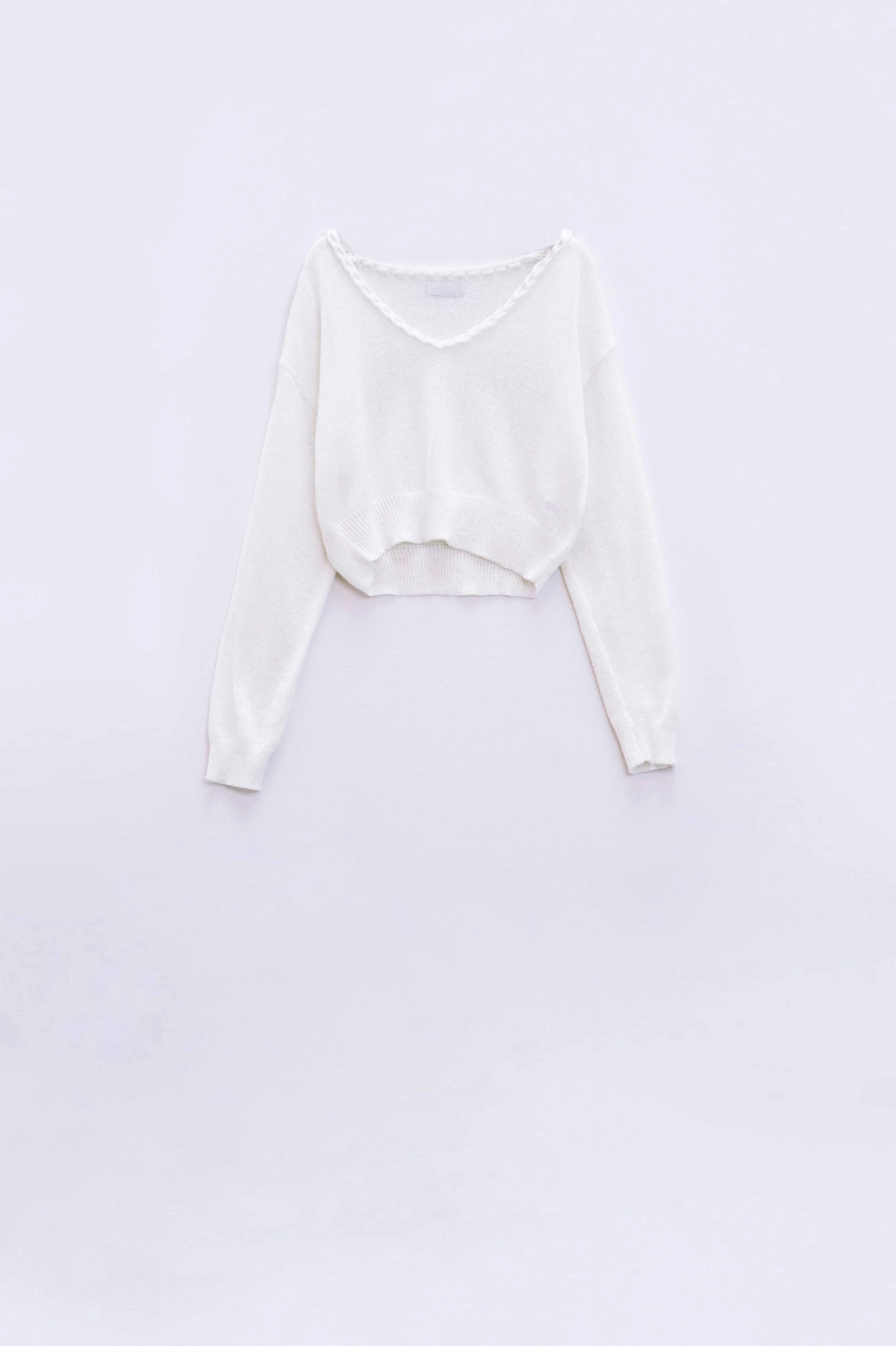 Wide V-neck cream Sweater With Braided Detail