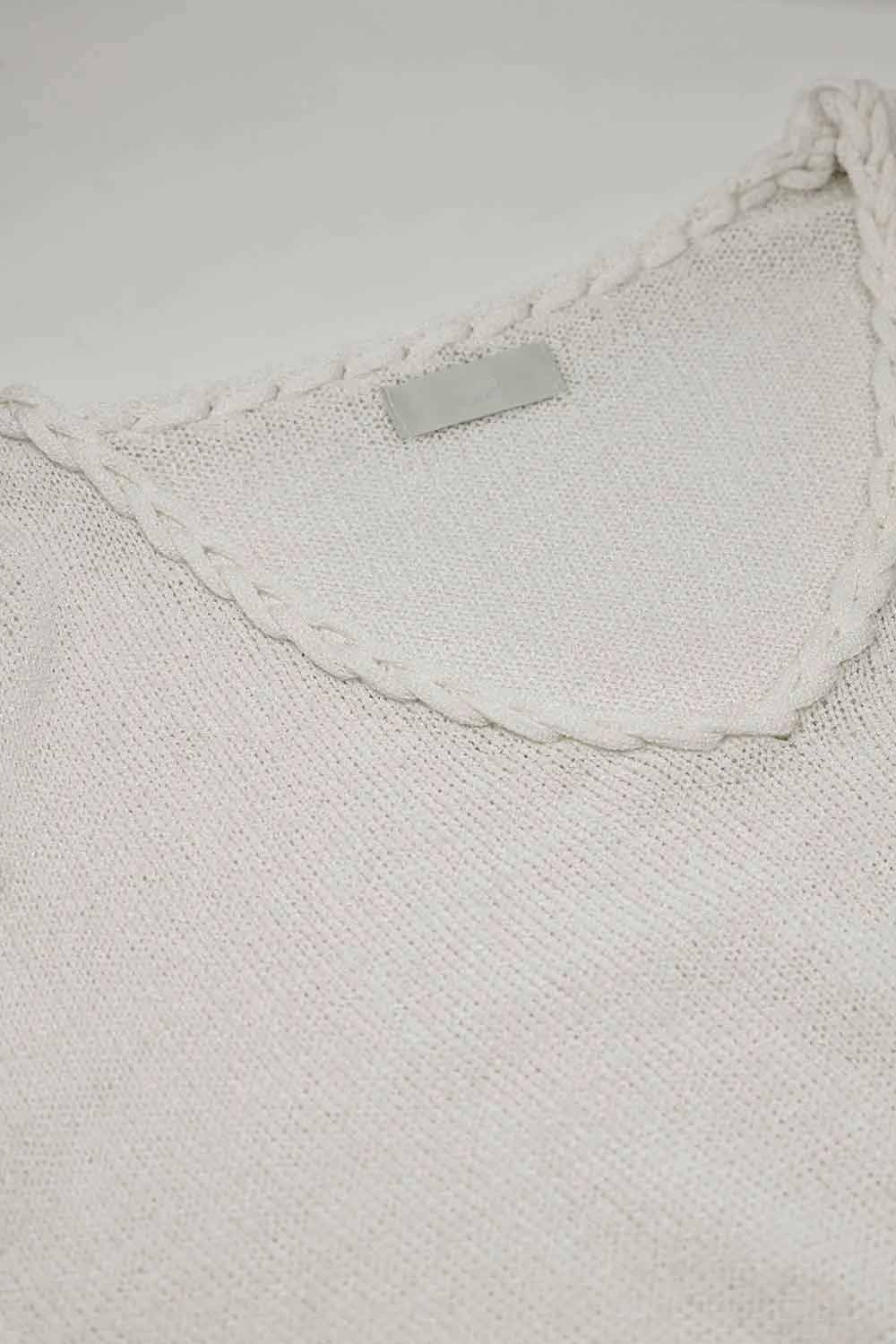 Wide V-neck cream Sweater With Braided Detail