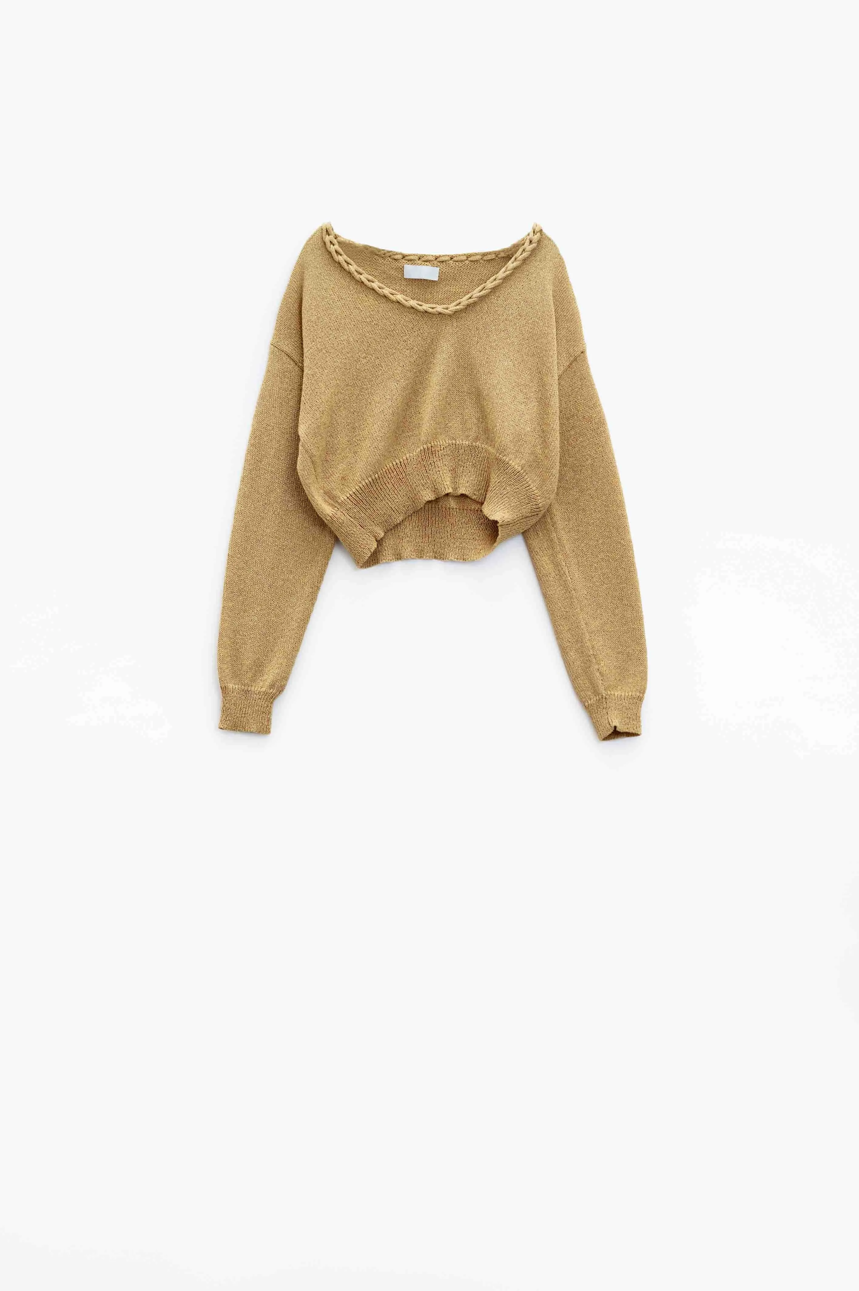 Wide V-neck Light Sweater With Braided Detail In Gold