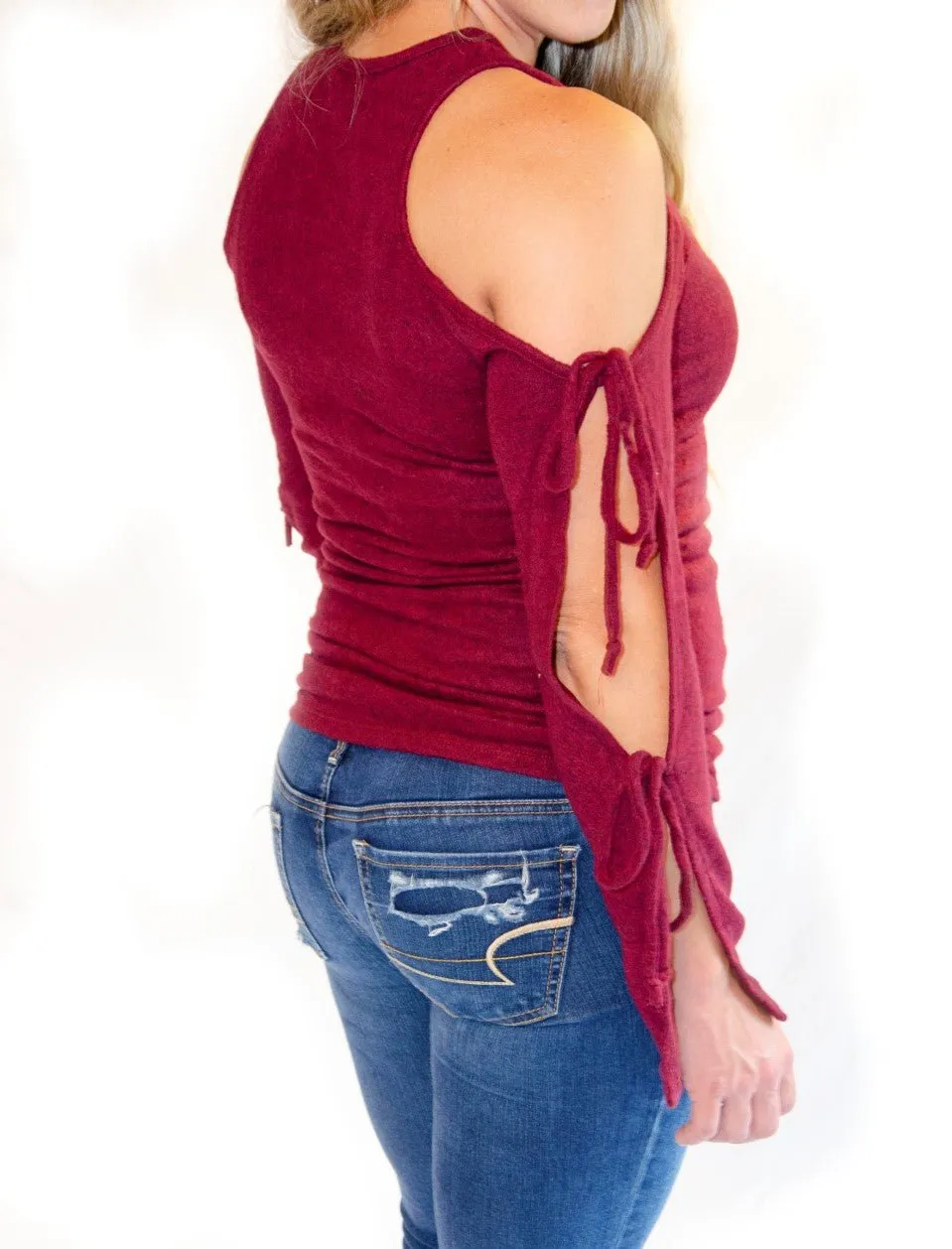 Wine Not? Tie Sleeve Brushed Top