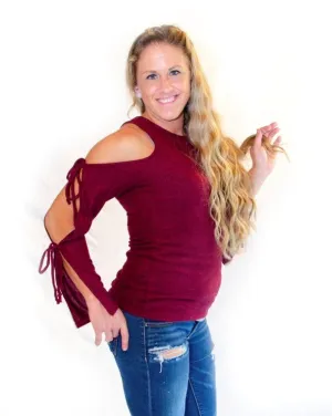 Wine Not? Tie Sleeve Brushed Top