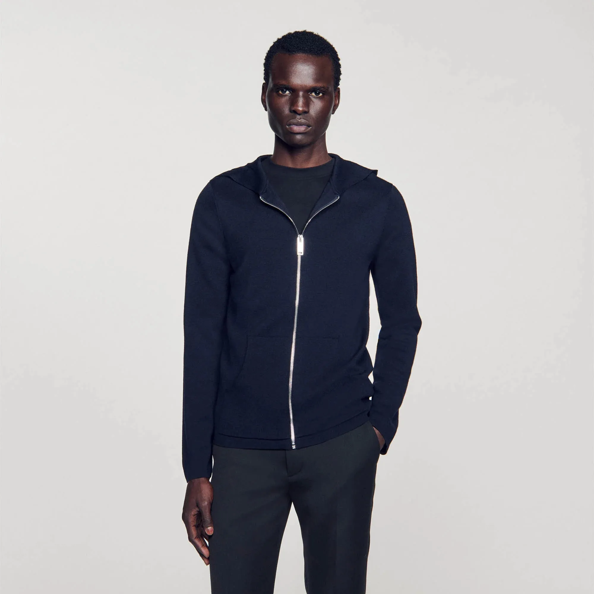 Wire Zipped Cardigan With Hood Navy Blue