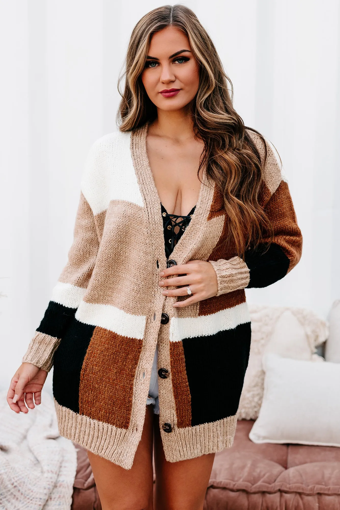 Wishing For Warmth Color Block Cardigan (Caramel Multi)