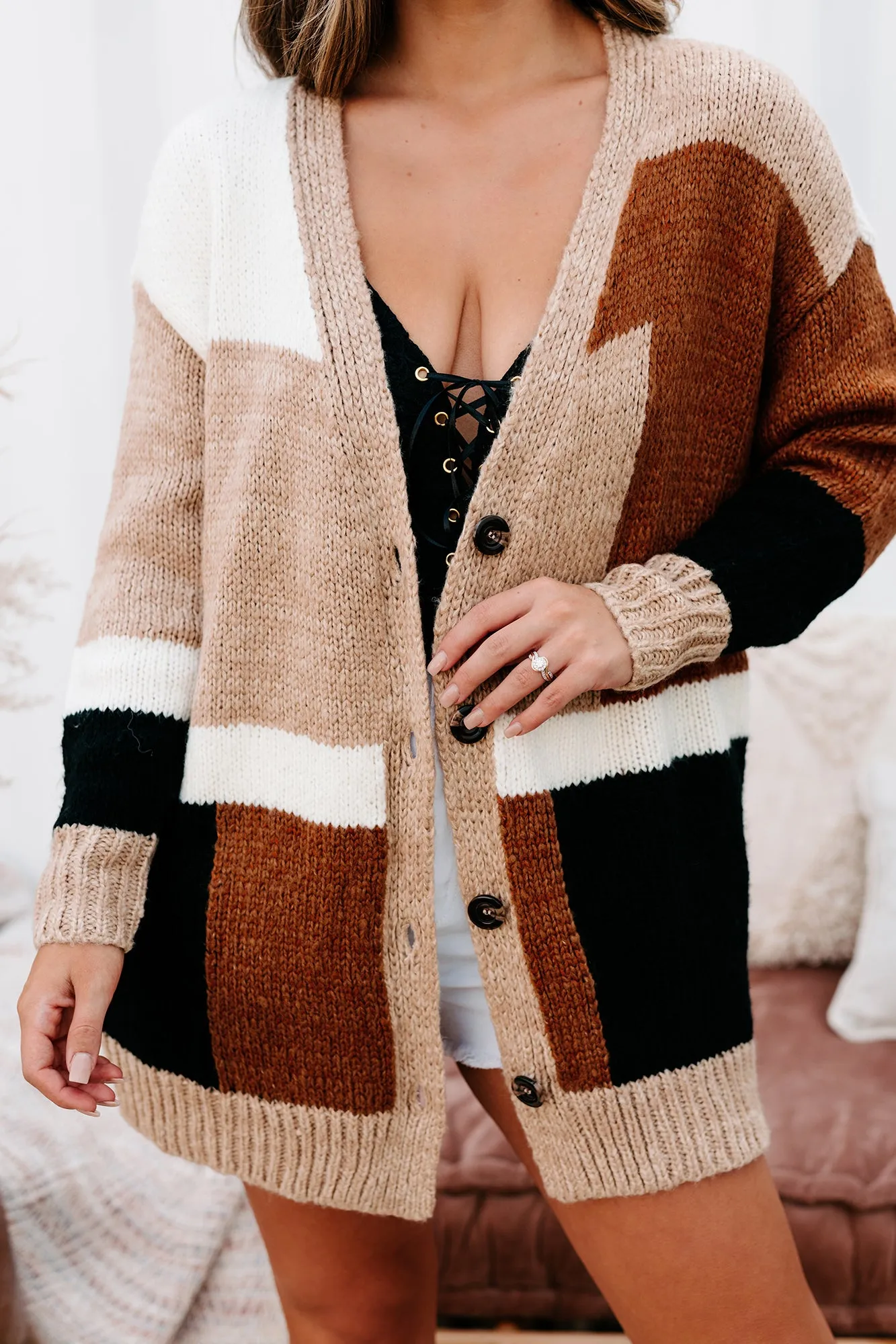 Wishing For Warmth Color Block Cardigan (Caramel Multi)