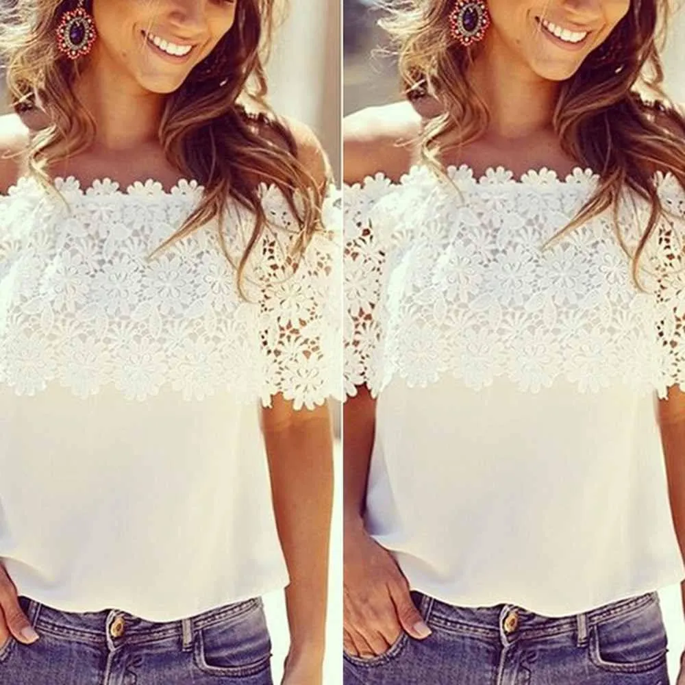 Women Lace Crochet Off Shoulder Chiffon T Shirt Casual Tops