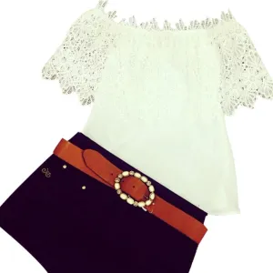 Women Lace Crochet Off Shoulder Chiffon T Shirt Casual Tops