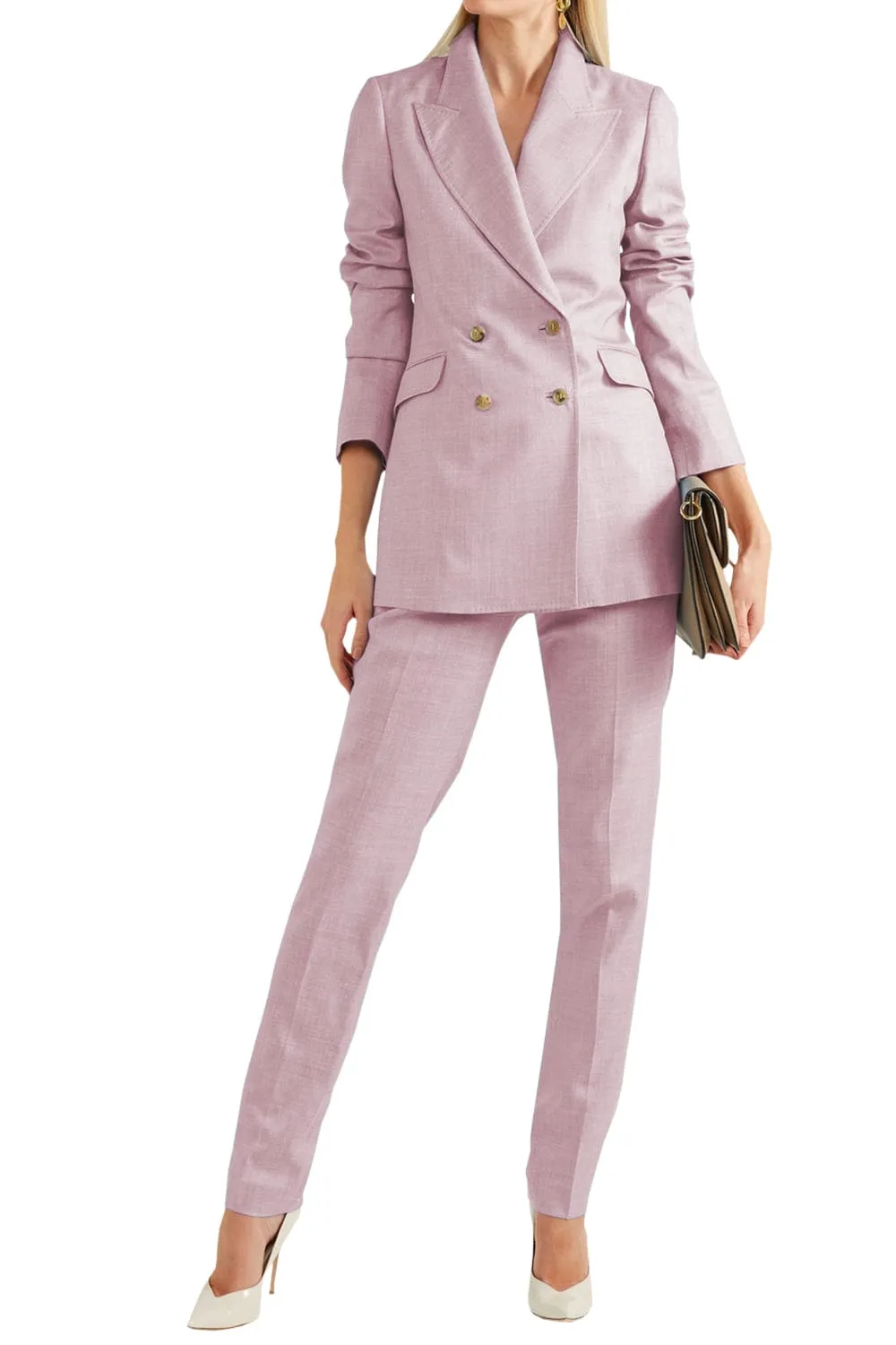Women Linen Suit 2 Piece Peak Lapel Double Breasted Jacked (Blazer Pants）