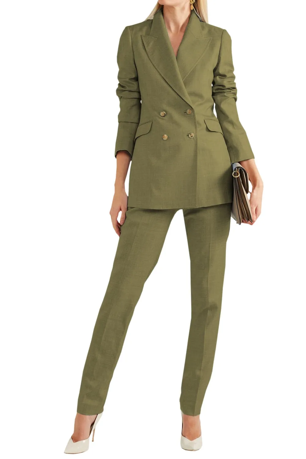 Women Linen Suit 2 Piece Peak Lapel Double Breasted Jacked (Blazer Pants）