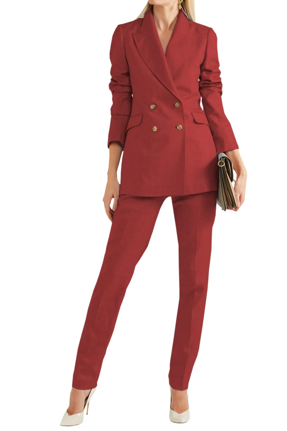 Women Linen Suit 2 Piece Peak Lapel Double Breasted Jacked (Blazer Pants）