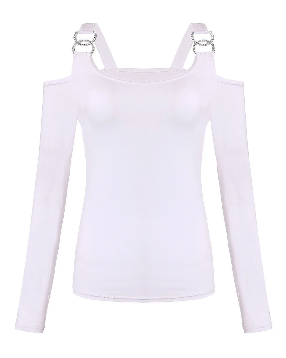 Women Off Shoulder Shirts Slim Fit Tops Long Sleeve Slash Neck Bodycon Tee Shirts Rhinestone Buckles