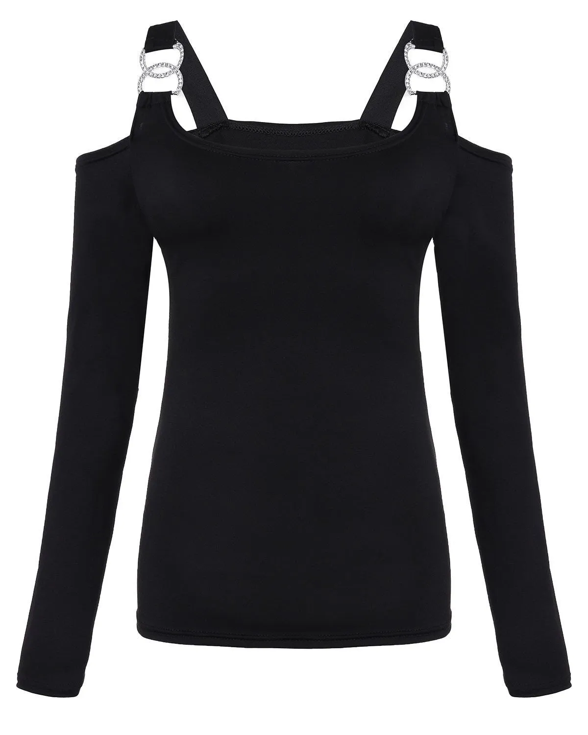 Women Off Shoulder Shirts Slim Fit Tops Long Sleeve Slash Neck Bodycon Tee Shirts Rhinestone Buckles