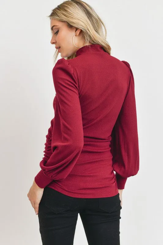 Women's Burgundy Puff Shoulder Ribbed Maternity Mock Neck Top