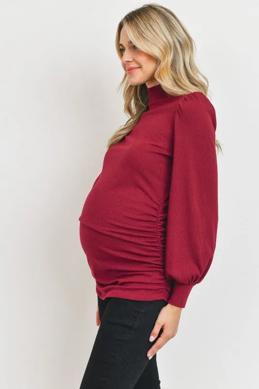 Women's Burgundy Puff Shoulder Ribbed Maternity Mock Neck Top