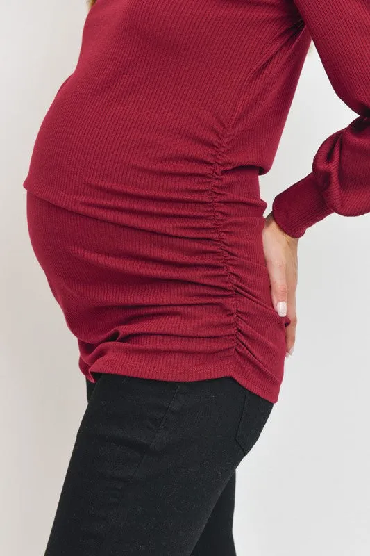 Women's Burgundy Puff Shoulder Ribbed Maternity Mock Neck Top