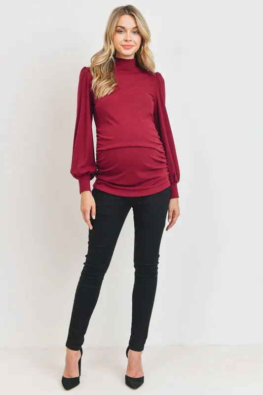 Women's Burgundy Puff Shoulder Ribbed Maternity Mock Neck Top