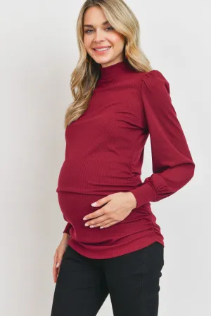 Women's Burgundy Puff Shoulder Ribbed Maternity Mock Neck Top