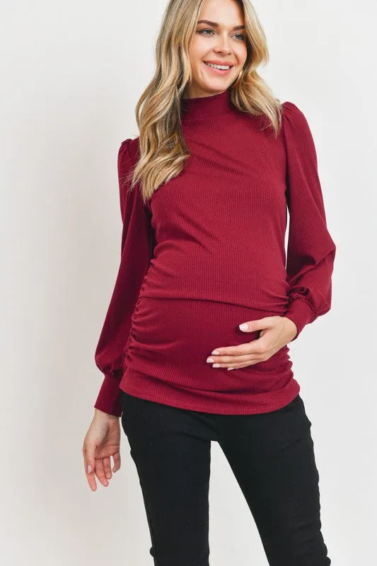 Women's Burgundy Puff Shoulder Ribbed Maternity Mock Neck Top