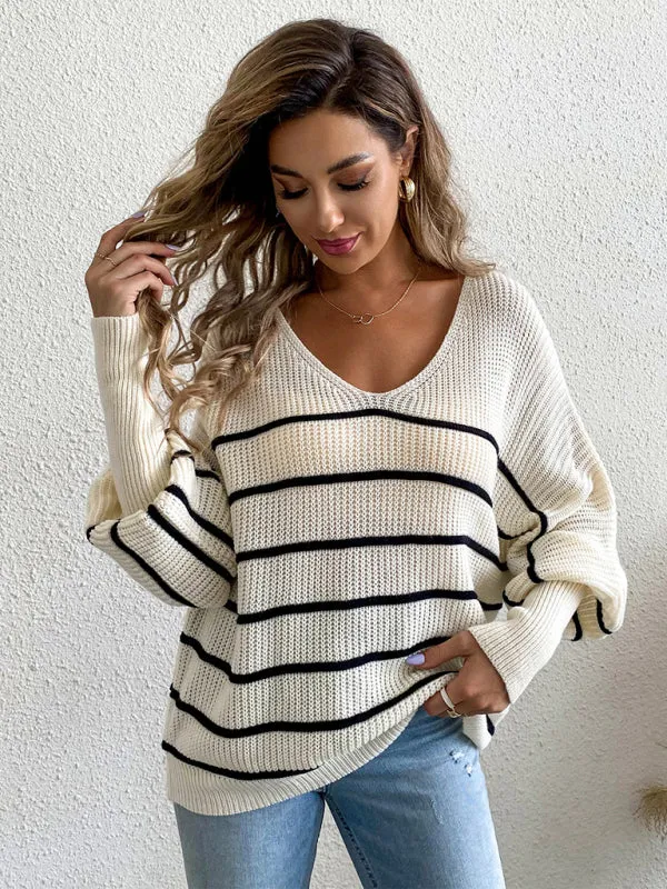 Women's casual loose striped V-neck long-sleeved sweater