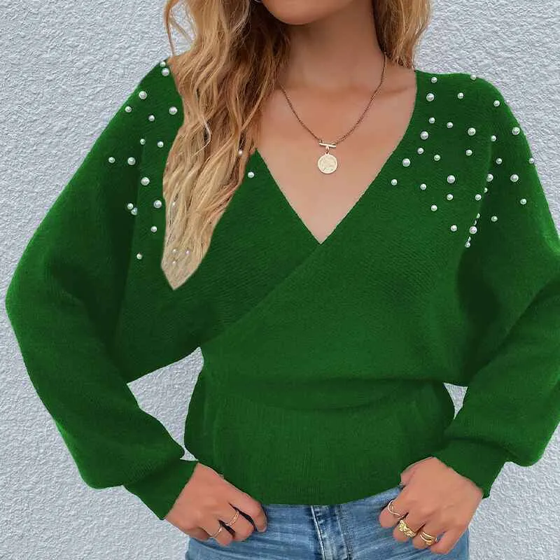 Womens Deep V Neck Wrap Sweaters Long Sleeve Crochet Knit Pullover Tops K297