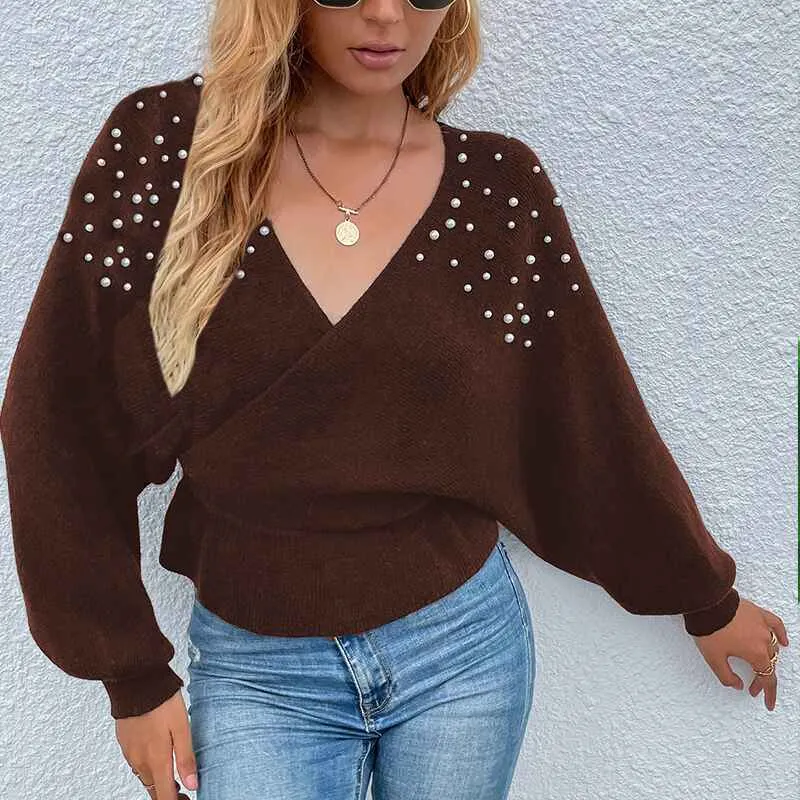 Womens Deep V Neck Wrap Sweaters Long Sleeve Crochet Knit Pullover Tops K297