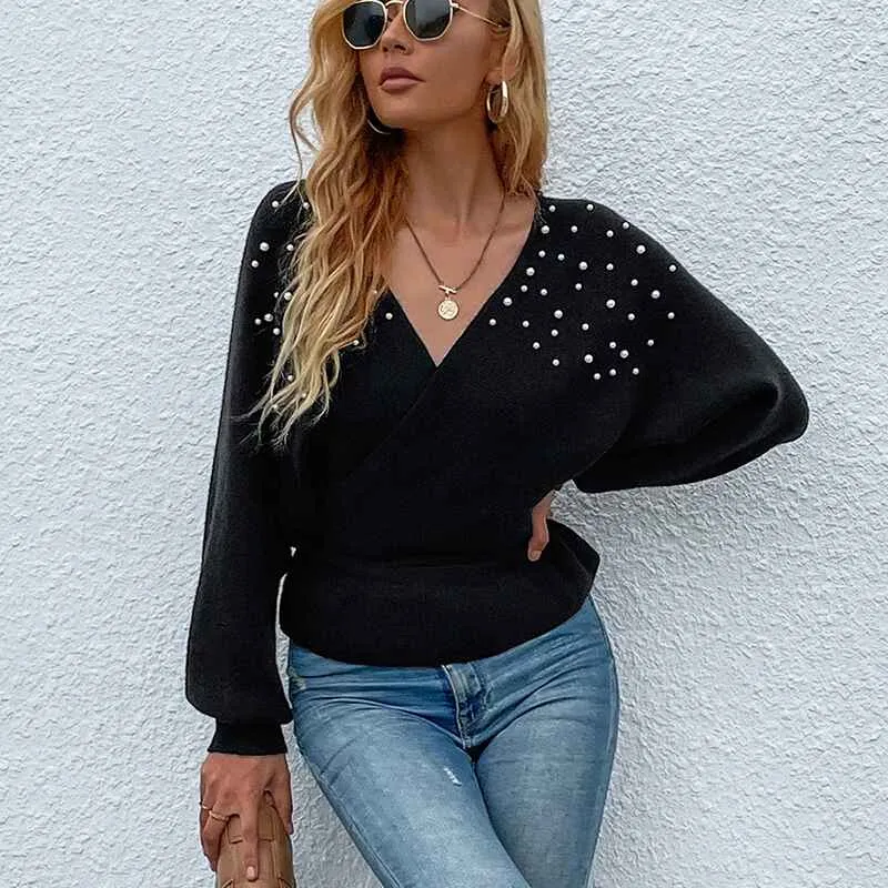 Womens Deep V Neck Wrap Sweaters Long Sleeve Crochet Knit Pullover Tops K297